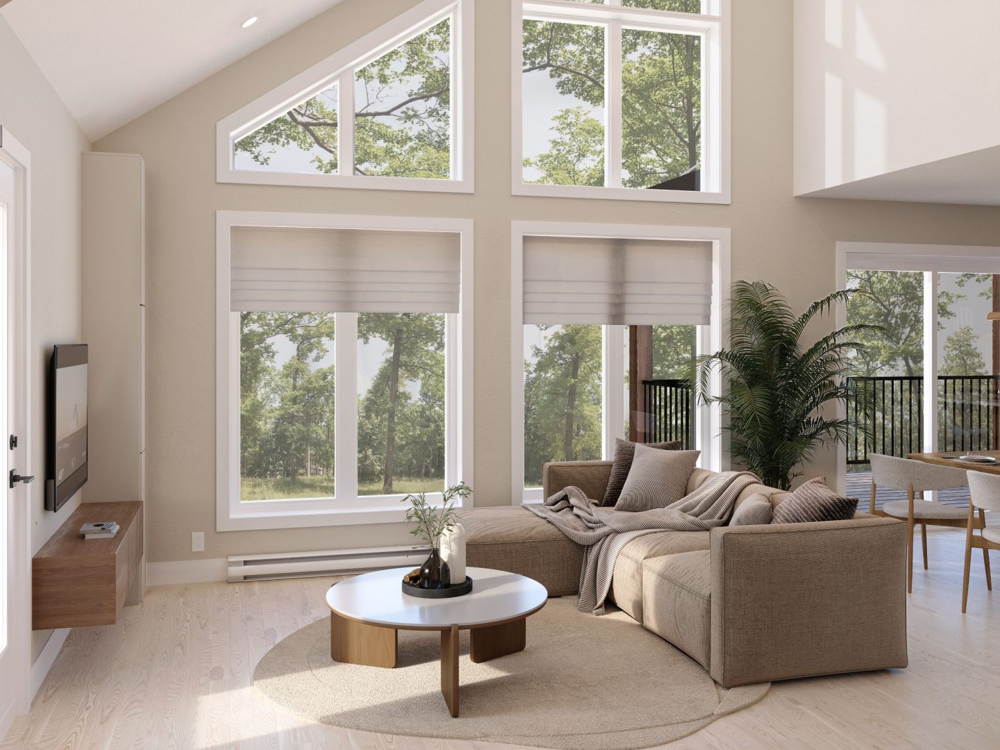Modèle Zurich, un chalet de style villégiature. Vue du salon.