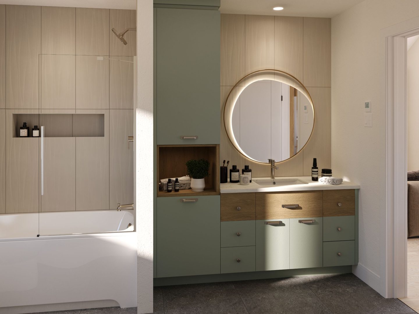 Modèle Zurich, un chalet de style villégiature. Vue de la salle de bain.