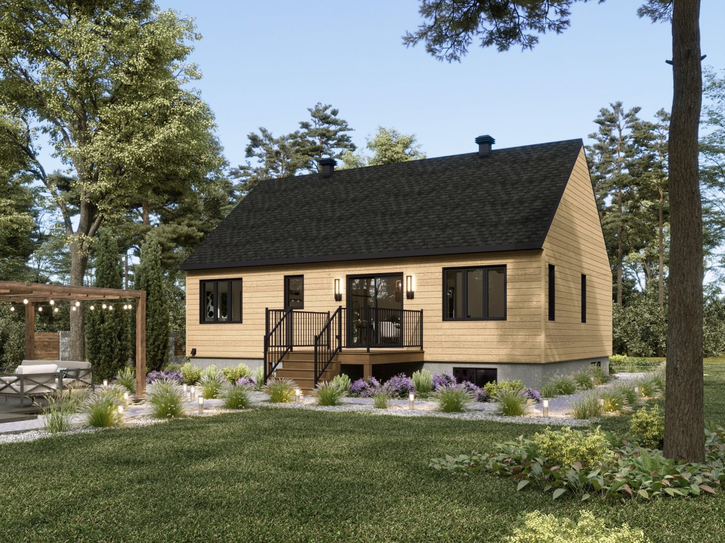 Modèle Askel est une maison plain-pied de style scandinave. Vue de l'arrière.