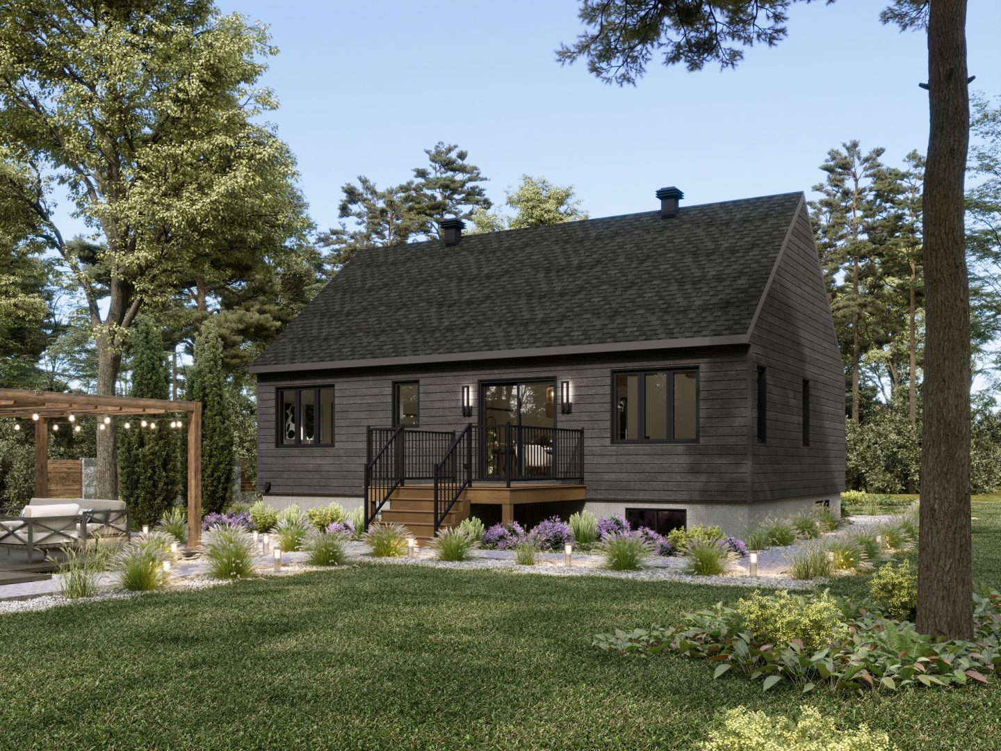 Modèle Askel est une maison plain-pied de style scandinave. Vue de l'arrière.