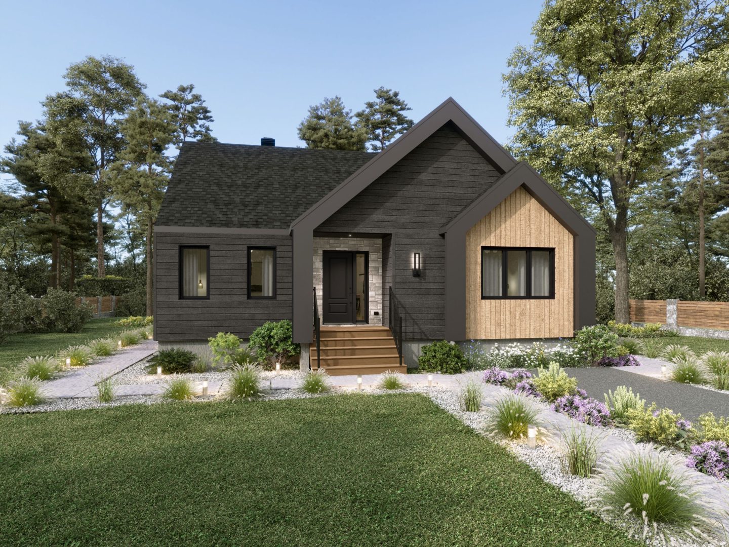 Modèle Askel est une maison plain-pied de style scandinave. Vue de l'avant.