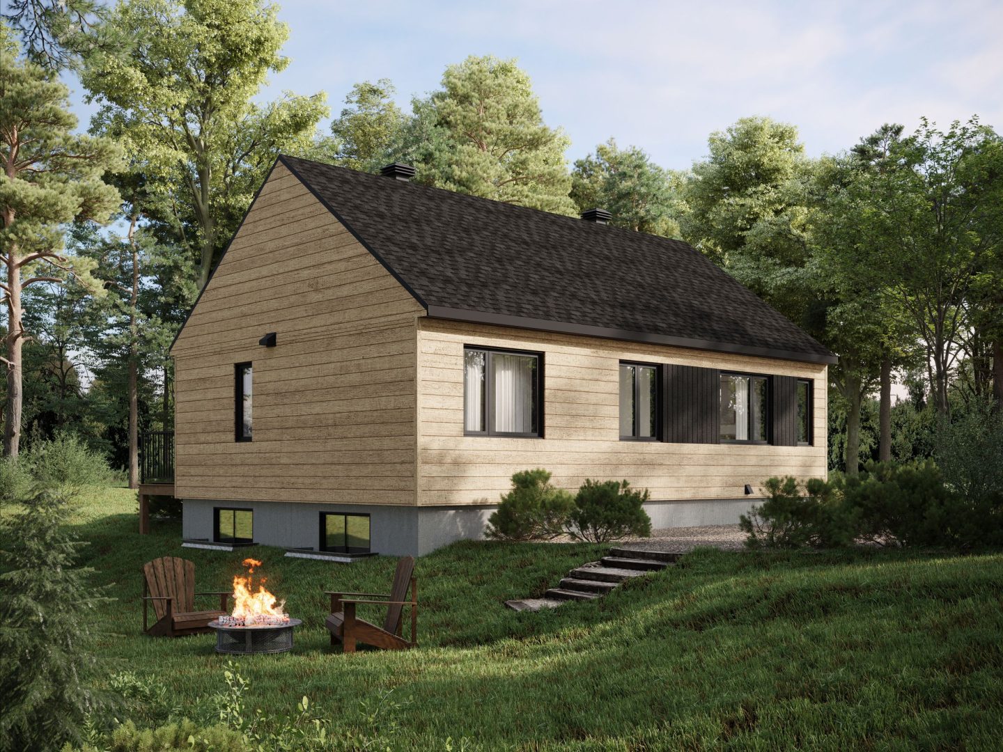 Modèle Belvia est une maison plain-pied de style scandinave. Vue de l'arrière.