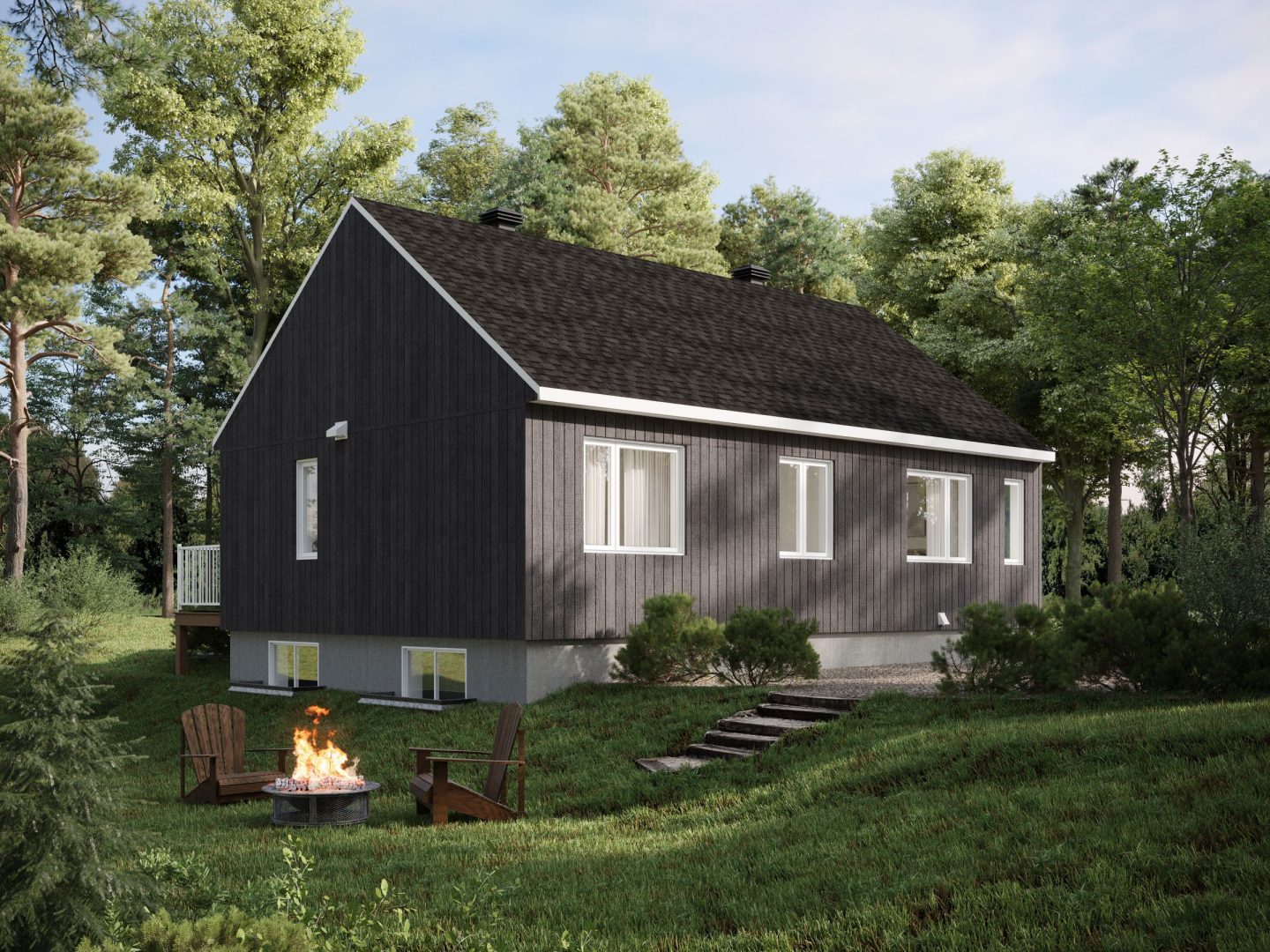 Modèle Belvia est une maison plain-pied de style scandinave. Vue de l'arrière.