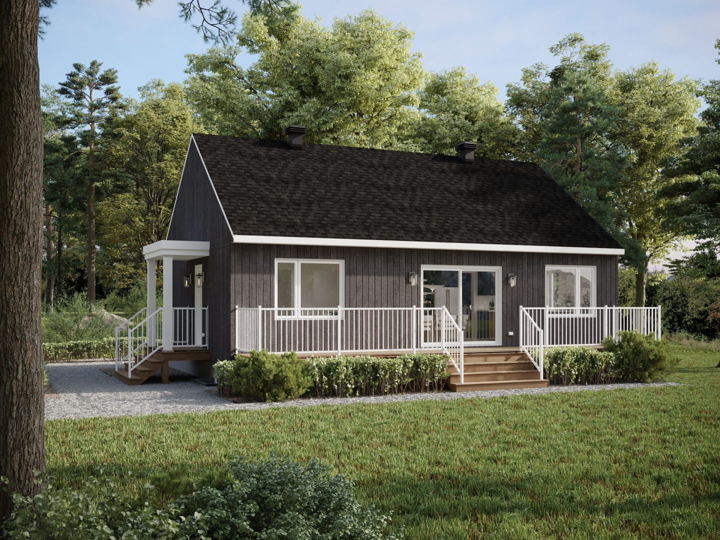 Modèle Belvia est une maison plain-pied de style scandinave. Vue de l'avant.