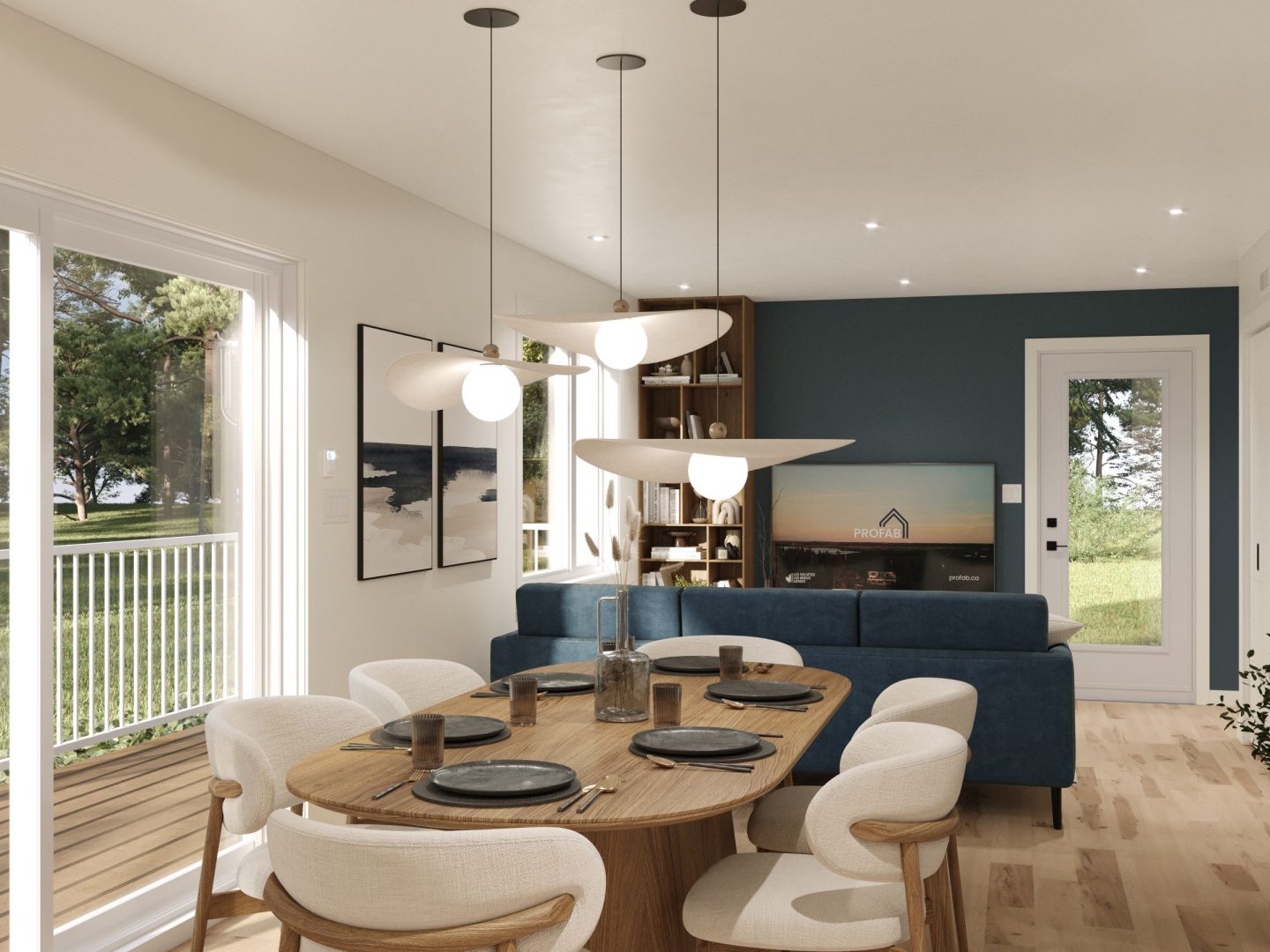 Modèle Belvia est une maison plain-pied de style scandinave. Vue de la salle à manger.